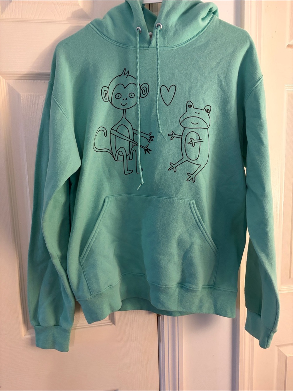 Jerzees Mint Green Graphic Hoodie with Monkey and Frog